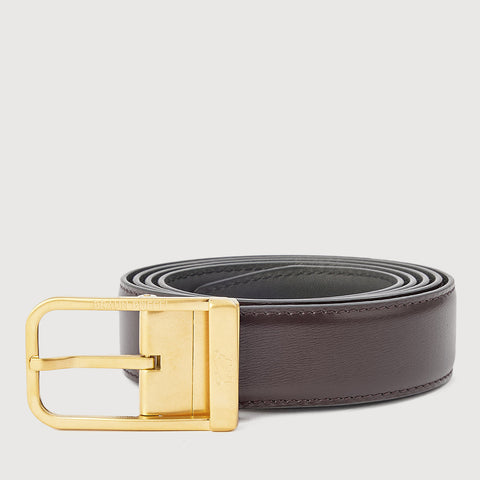 REVERSIBLE FINE GRAIN PRINTED LEATHER BELT WITH OLD GOLD IN ANTIQUE FINISH STAINLESS STEEL NEEDLE BUCKLE